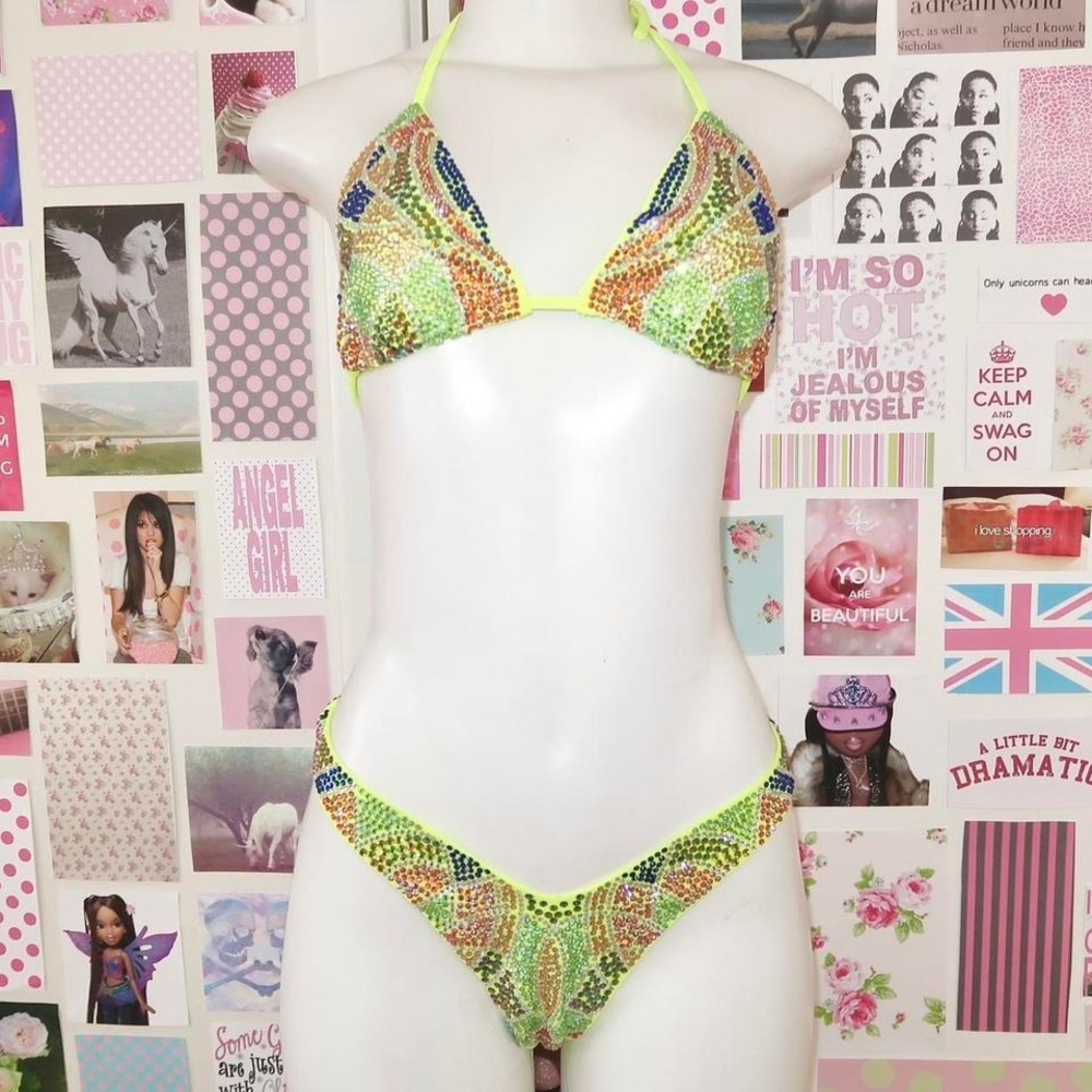 banjul neon‎ yellow rhinestone bikini set size large